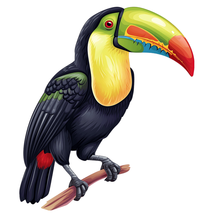 Toucan bird perched on a branch shows a large multi-colored beak and black feathers against a dark backdrop.