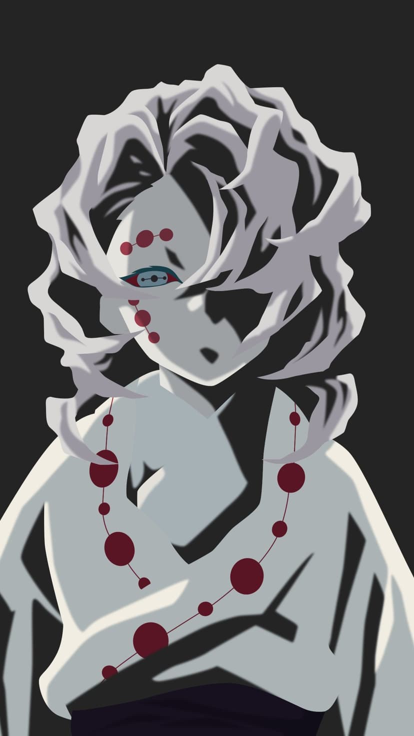 Rui with white hair and red facial dots gazes forward with webbed eyes against a dark gray background.