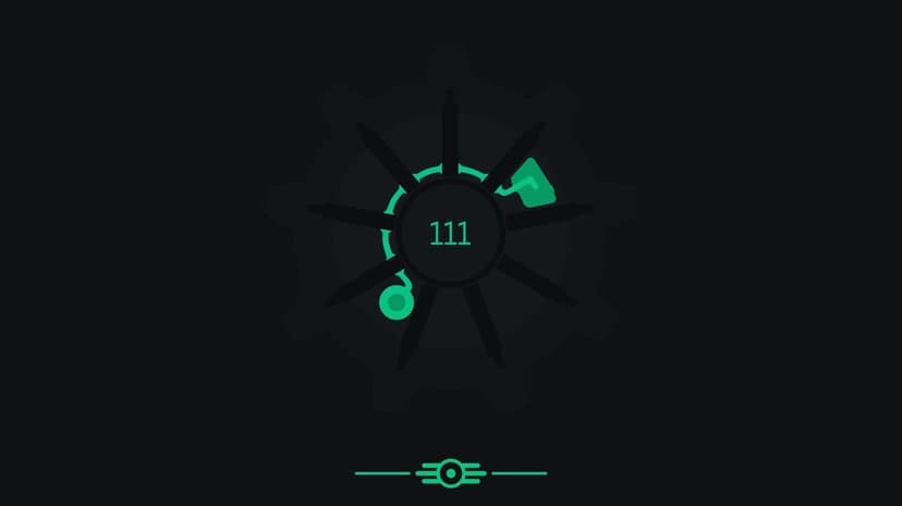 Minimalist green Vault 111 gear icon and Vault-Tec logo centered on a dark charcoal background.