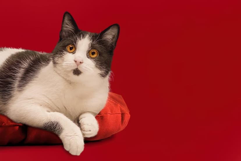 Bicolor cat with golden eyes rests on a red cushion against a vibrant red backdrop with front paws visible.