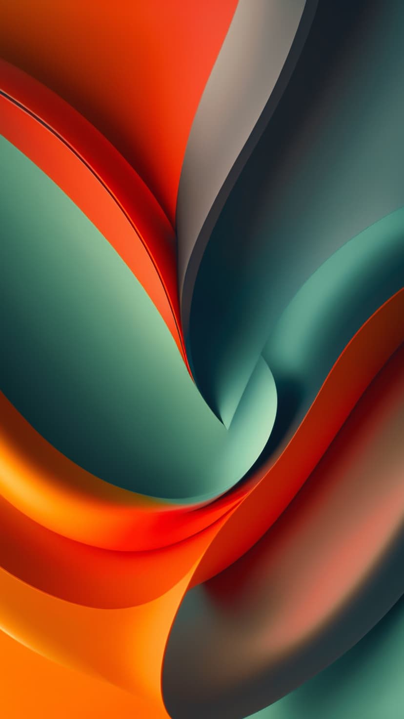 Luminous orange and teal waves curve across a dark background, showcasing a fluid, liquid-like motion and depth.