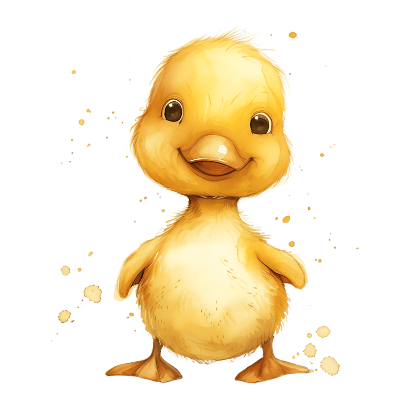 Yellow duckling watercolor portrait with fluffy feathers and black background featuring artistic pigment splatters.