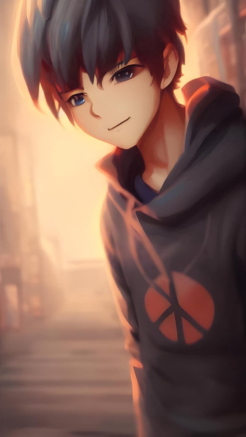Anime boy with blue eyes and dark hair wearing a black hoodie with an orange peace symbol during sunset.