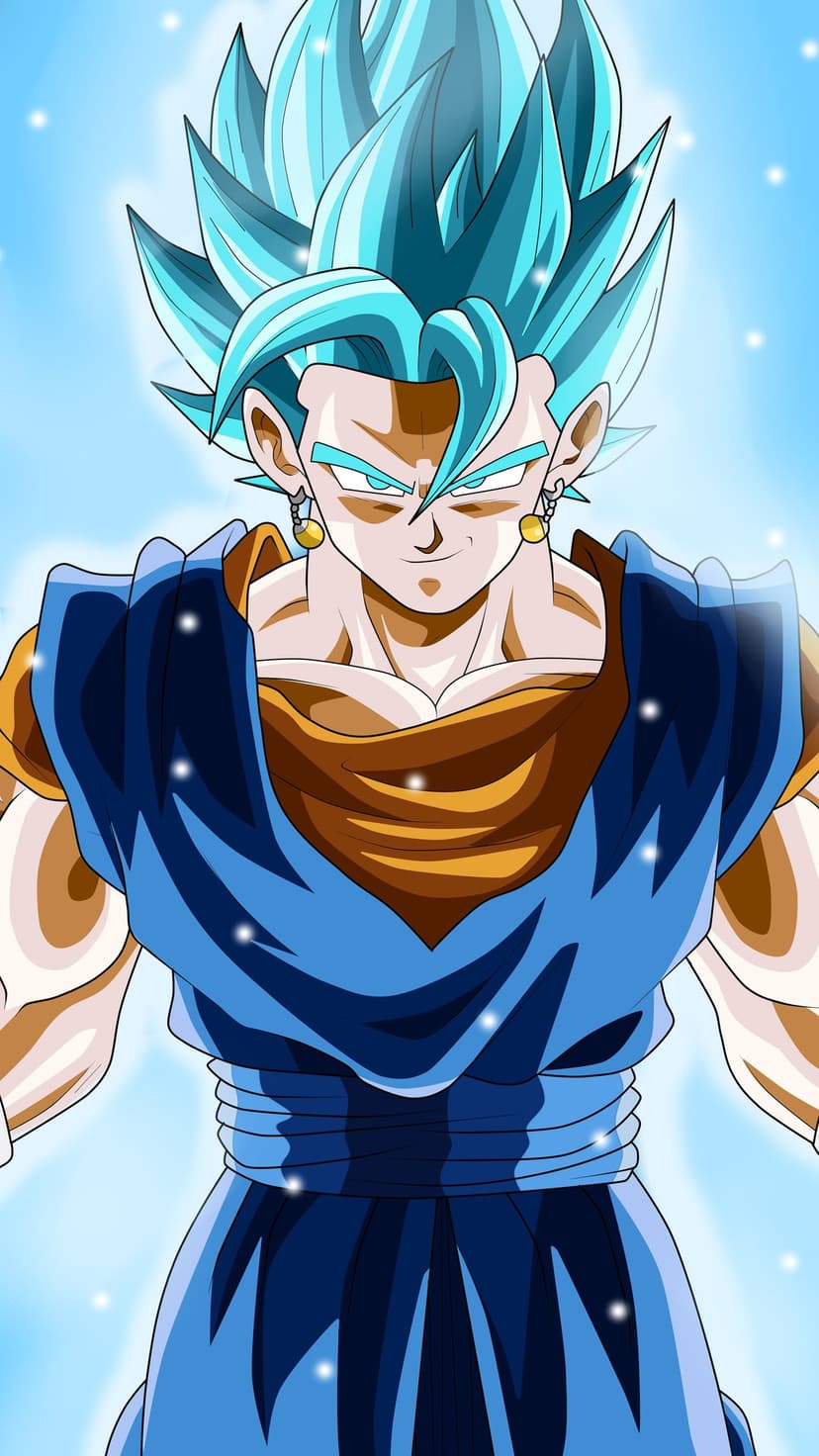 Vegito in Super Saiyan Blue form with glowing hair and Potara earrings against a bright blue sky background.