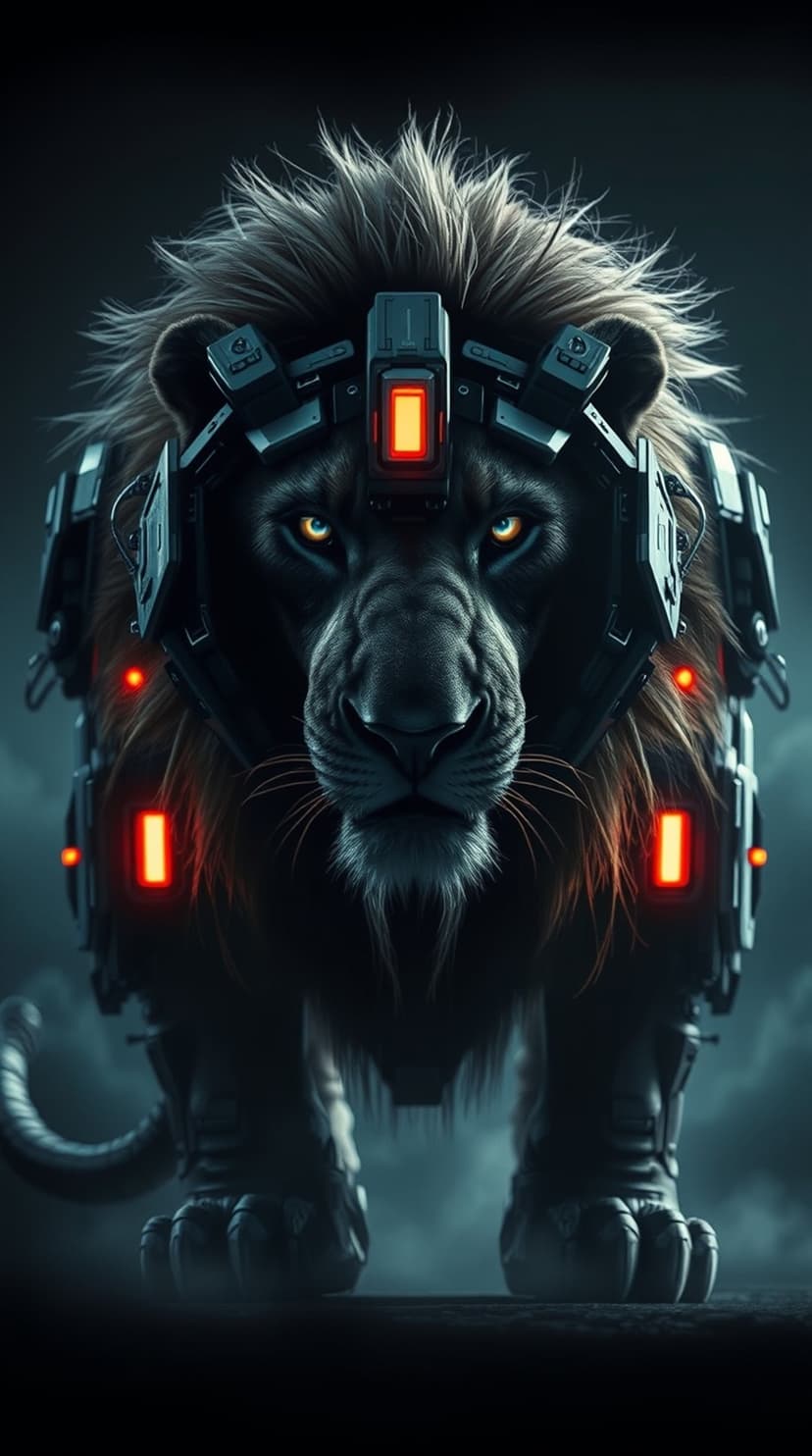 Black lion wearing glowing orange cybernetic armor with intense yellow eyes against a dark atmospheric backdrop.