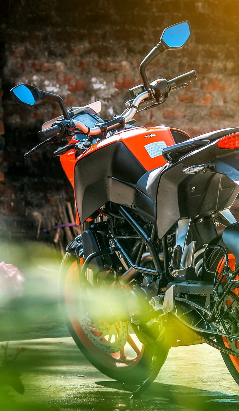 Orange sportbike with blue mirrors parked beside a weathered brick wall and green leaves in soft lighting.