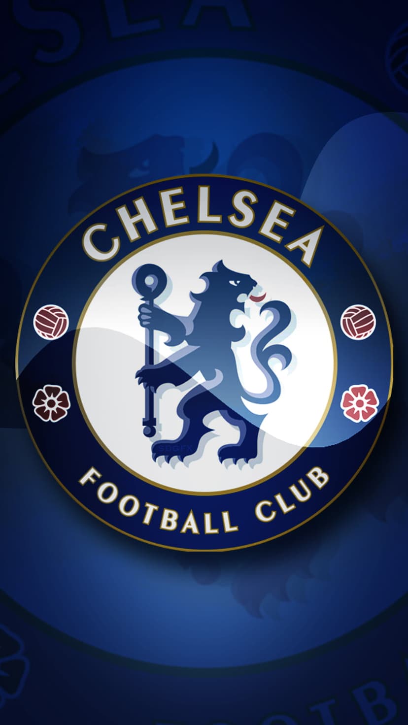 Chelsea FC circular crest featuring a blue lion rampant holding a staff, set against a solid blue background.