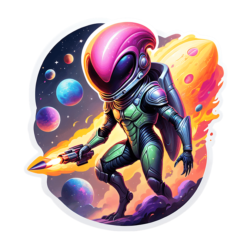 Space alien astronaut wearing pink helmet fires rocket launcher amidst glowing purple planets and stars.