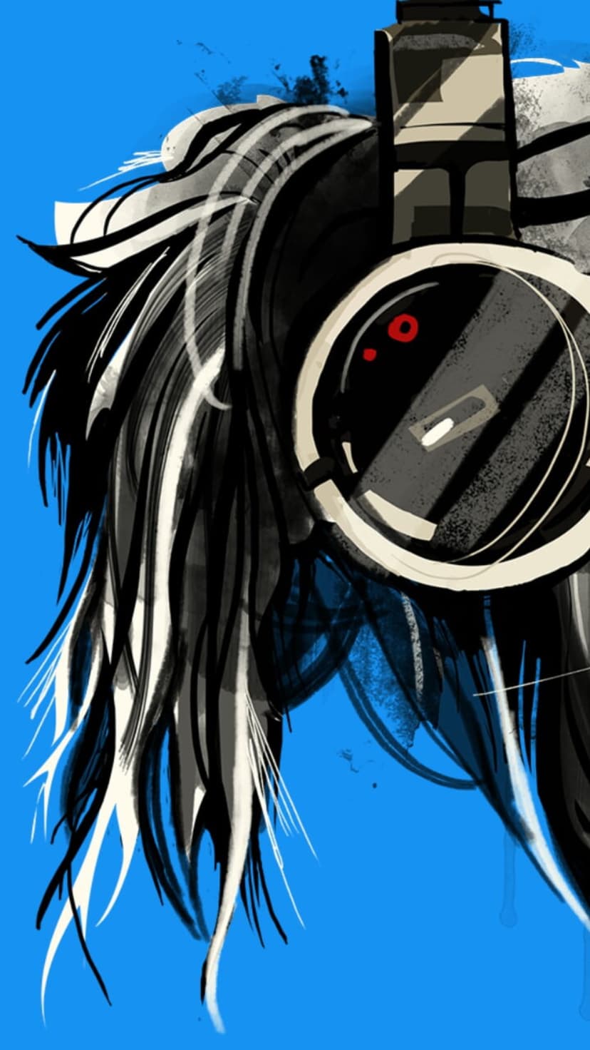 Black and white headphones blended with abstract ink-like hair strokes against a solid, bright blue background.