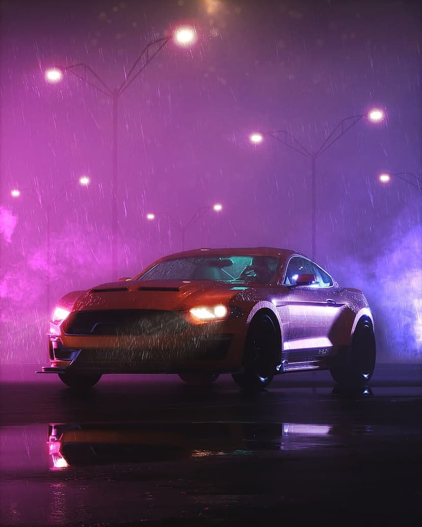 Ford Mustang parked on a wet street at night with purple neon reflections, falling rain, and glowing headlights.