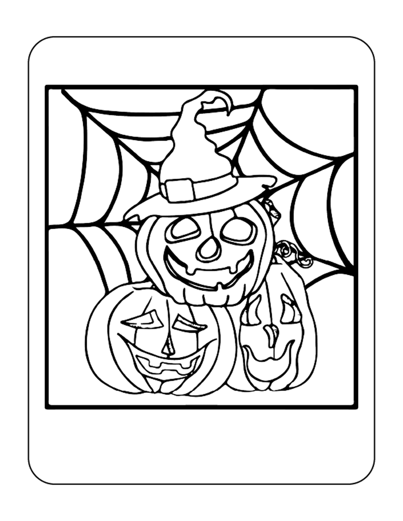 Halloween coloring page featuring three jack-o'-lanterns with one wearing a witch hat against a spider web.