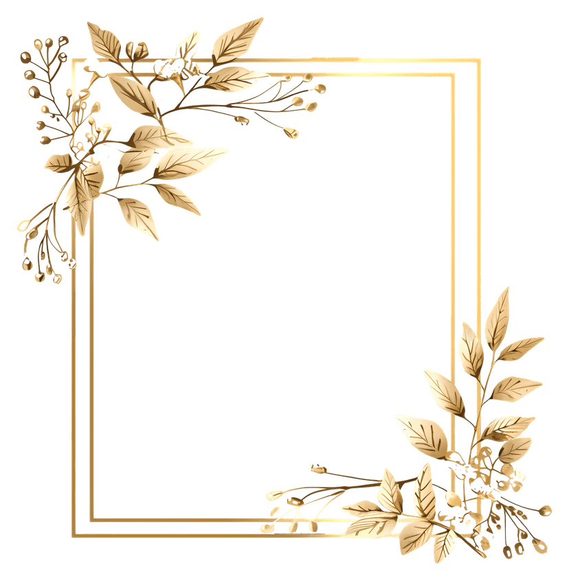 Gold floral frame featuring intricate metallic petals and swirling vines on a transparent background for layering.