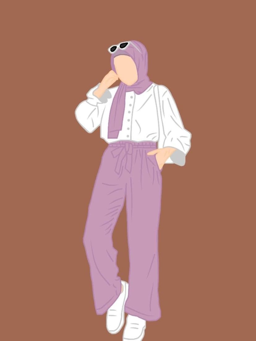 Woman wearing a purple hijab and lilac pants poses with white sunglasses against a solid brown background.