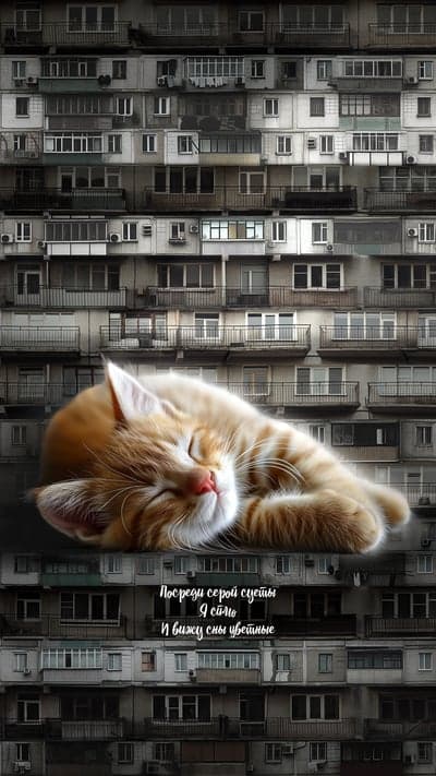 Sleeping Cat Dreams of Colorful Adventures Amidst Gray Buildings