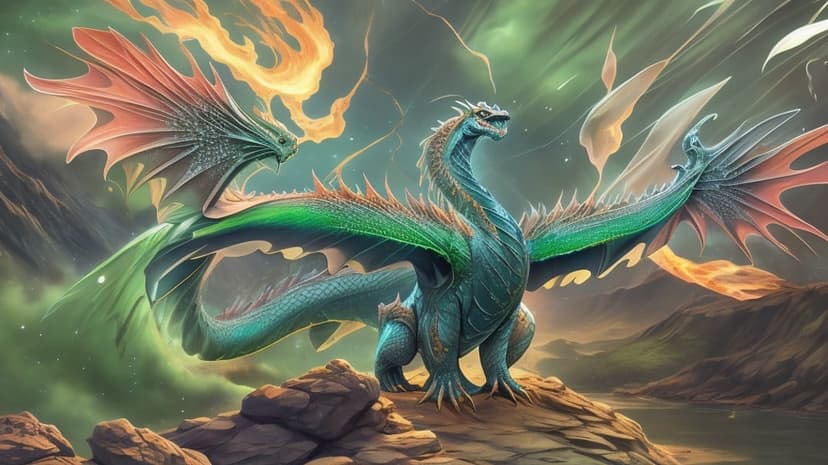 Blue dragon with glowing orange wings sits on a rock under a green aurora sky overlooking misty mountains and water.