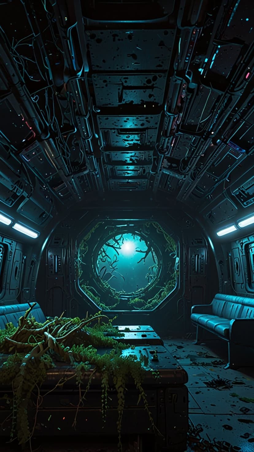 Green vines and tropical plants grow over a metallic spaceship console in front of a glowing blue octagonal window.
