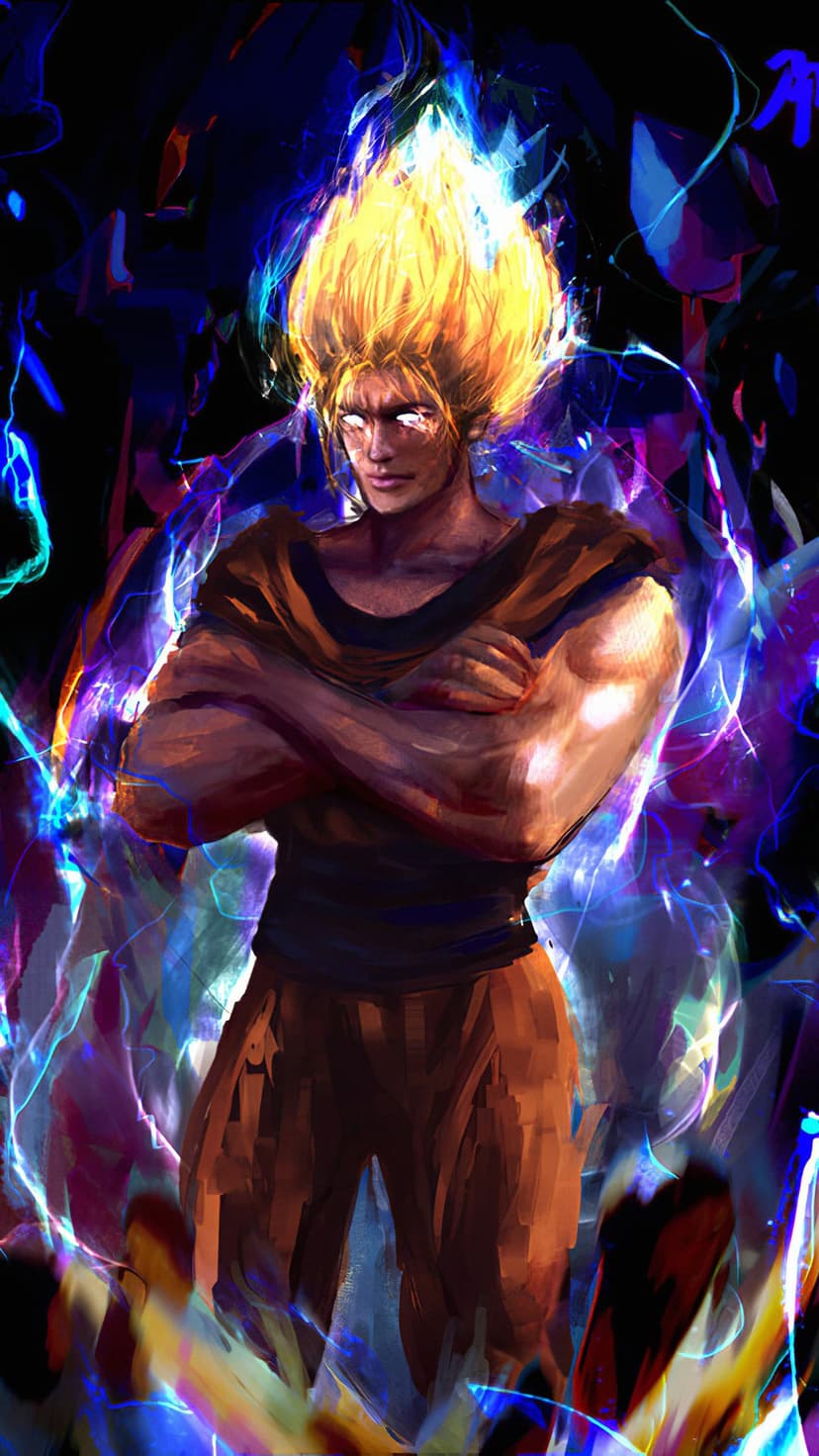 Goku Super Saiyan with glowing yellow hair and muscular build surrounded by blue and purple electric lightning.