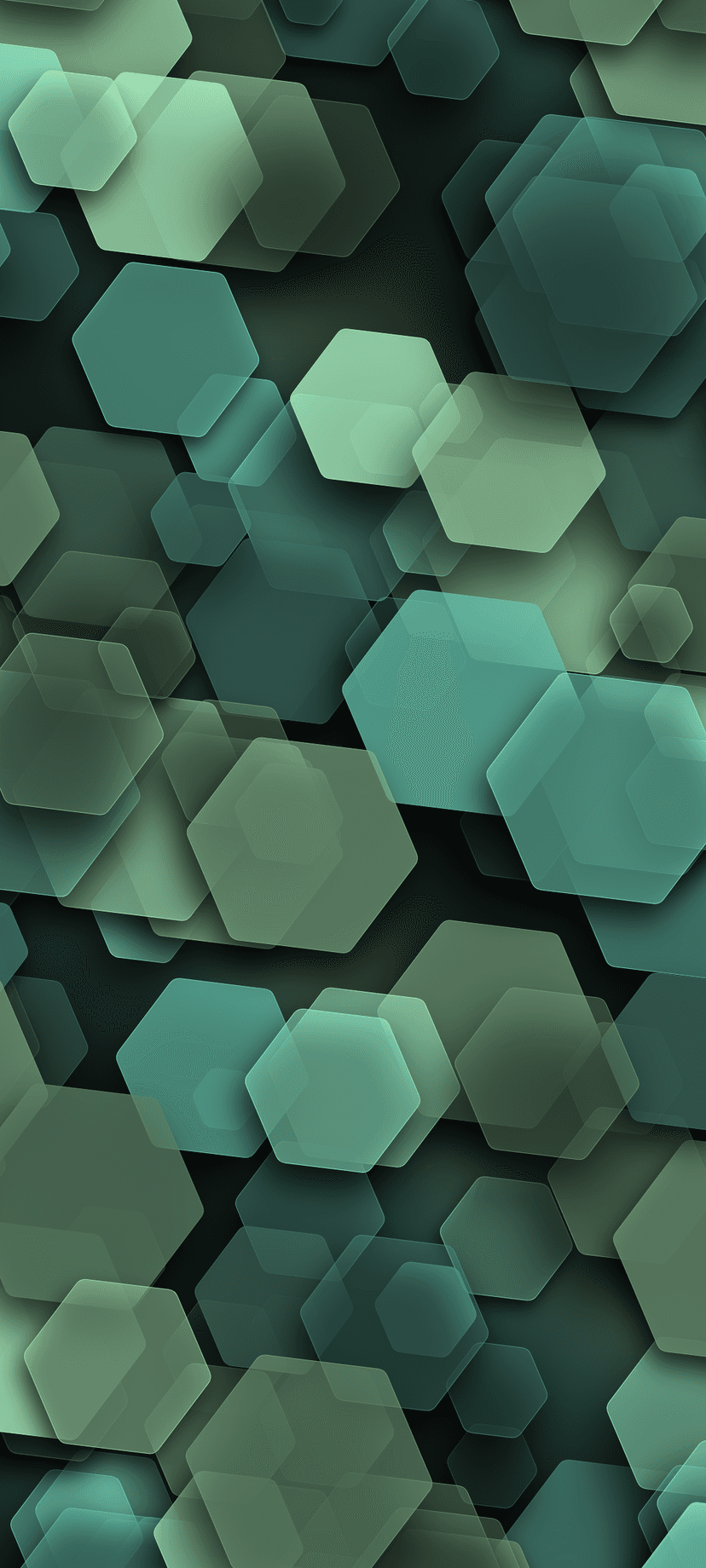 Overlapping teal and green hexagons with subtle shadows create a dense geometric pattern with 3D depth.