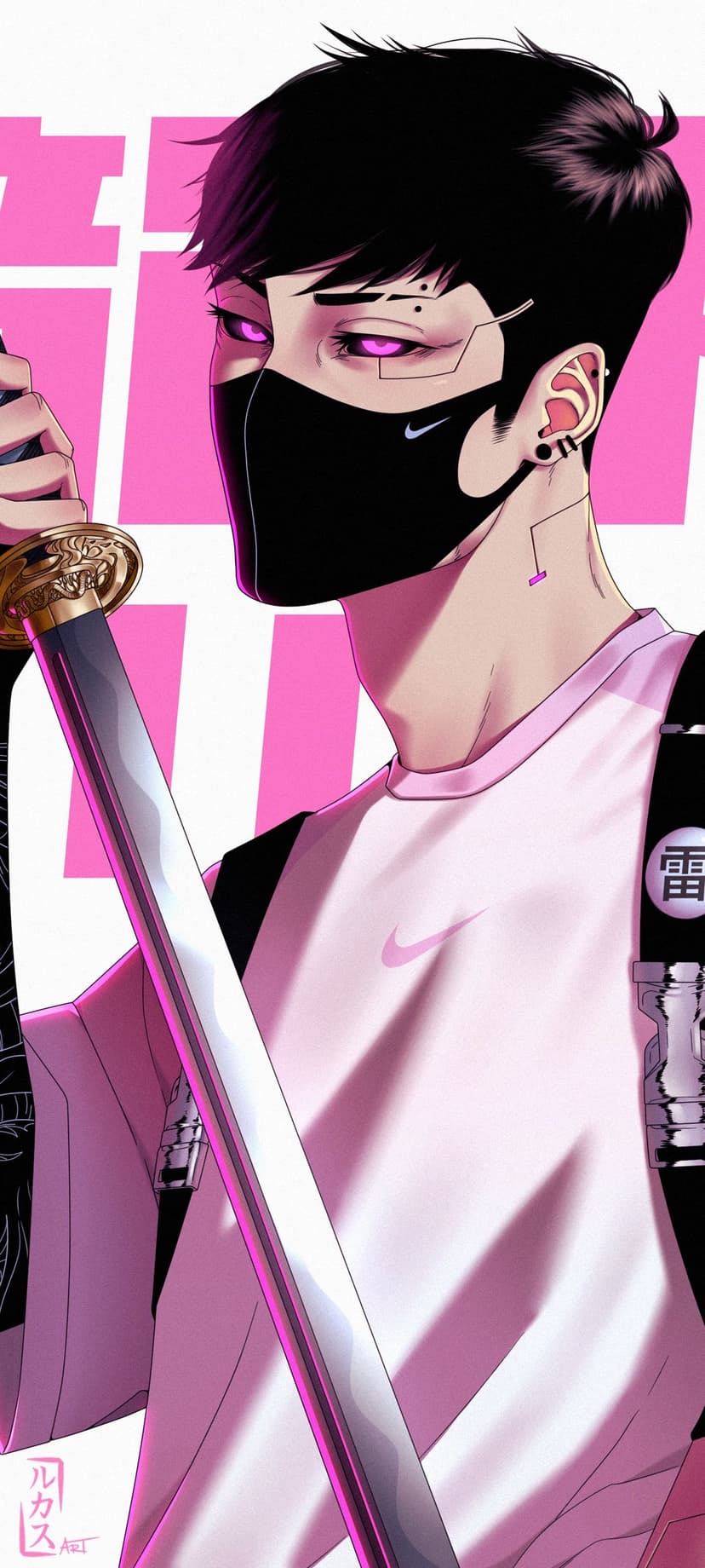 Masked ninja with glowing purple eyes and a katana stands before a vibrant pink background with cyber markings.