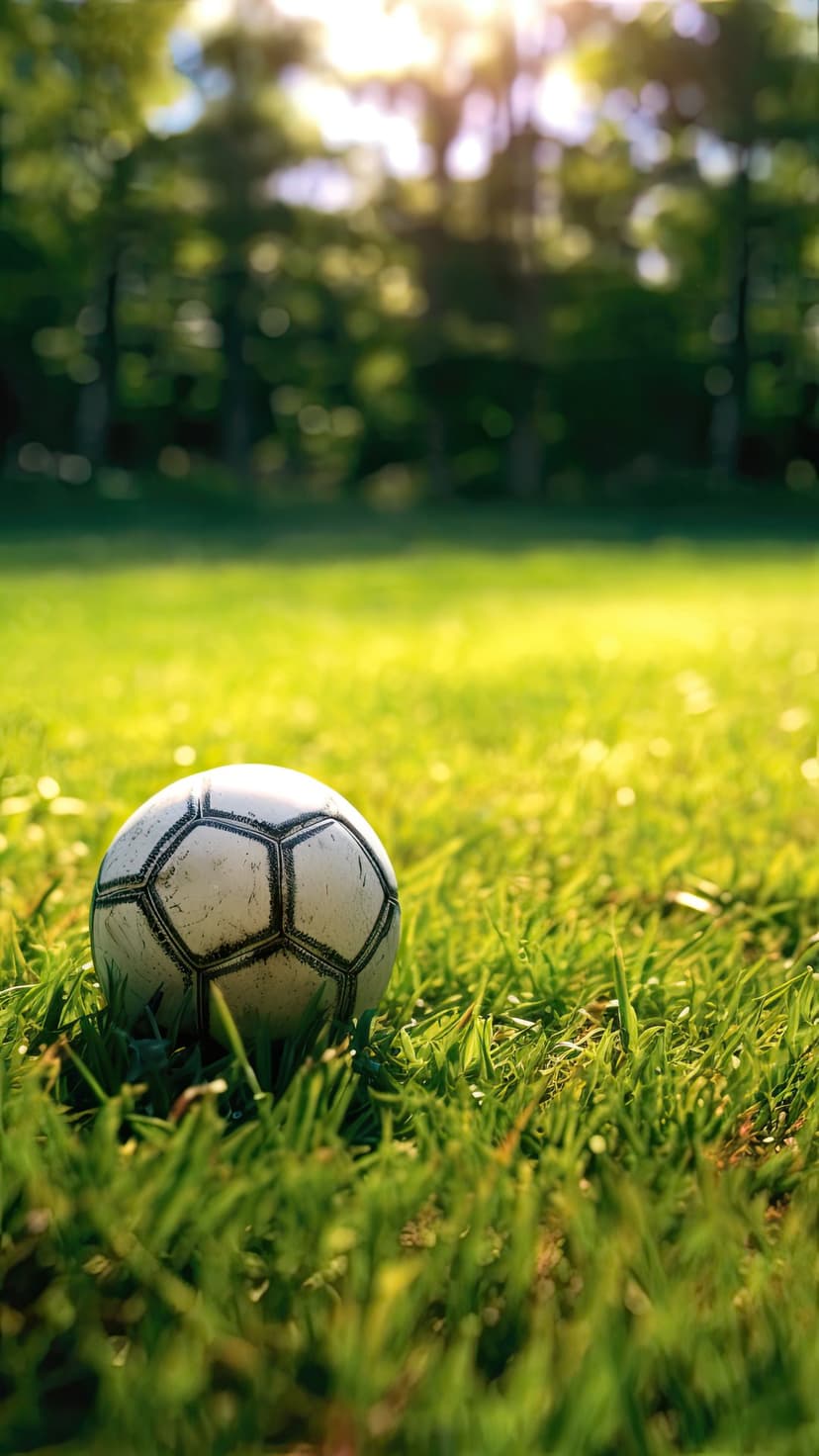 Soccer ball rests on a detailed green grass field with golden sunlight filtering through trees in the background.