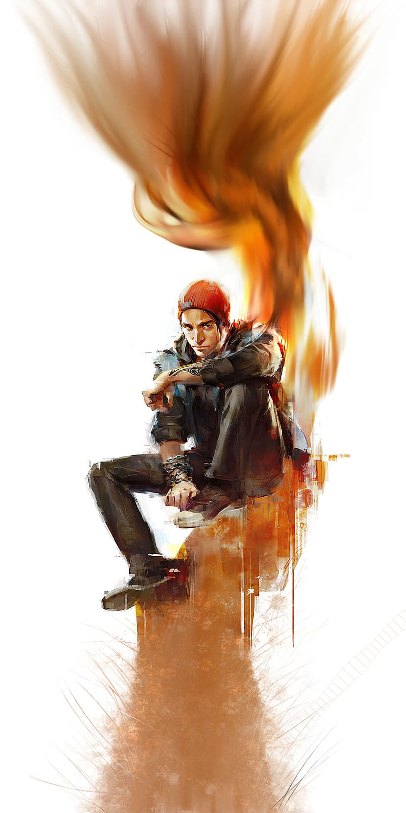 Delsin Rowe sitting with smoke and embers rising in a painterly digital art style against a white background.