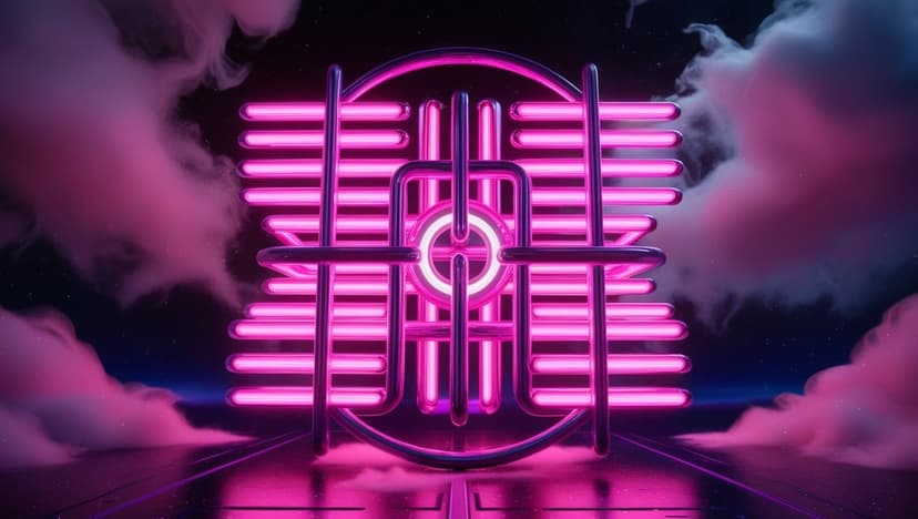 Glowing pink neon portal surrounded by dense white smoke and mirrored reflections on a glossy dark floor.