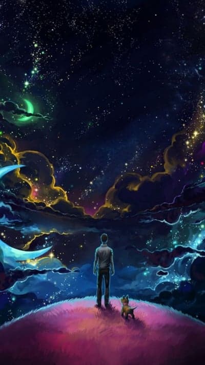 Celestial Journey Mobile Wallpaper with Man and Dog