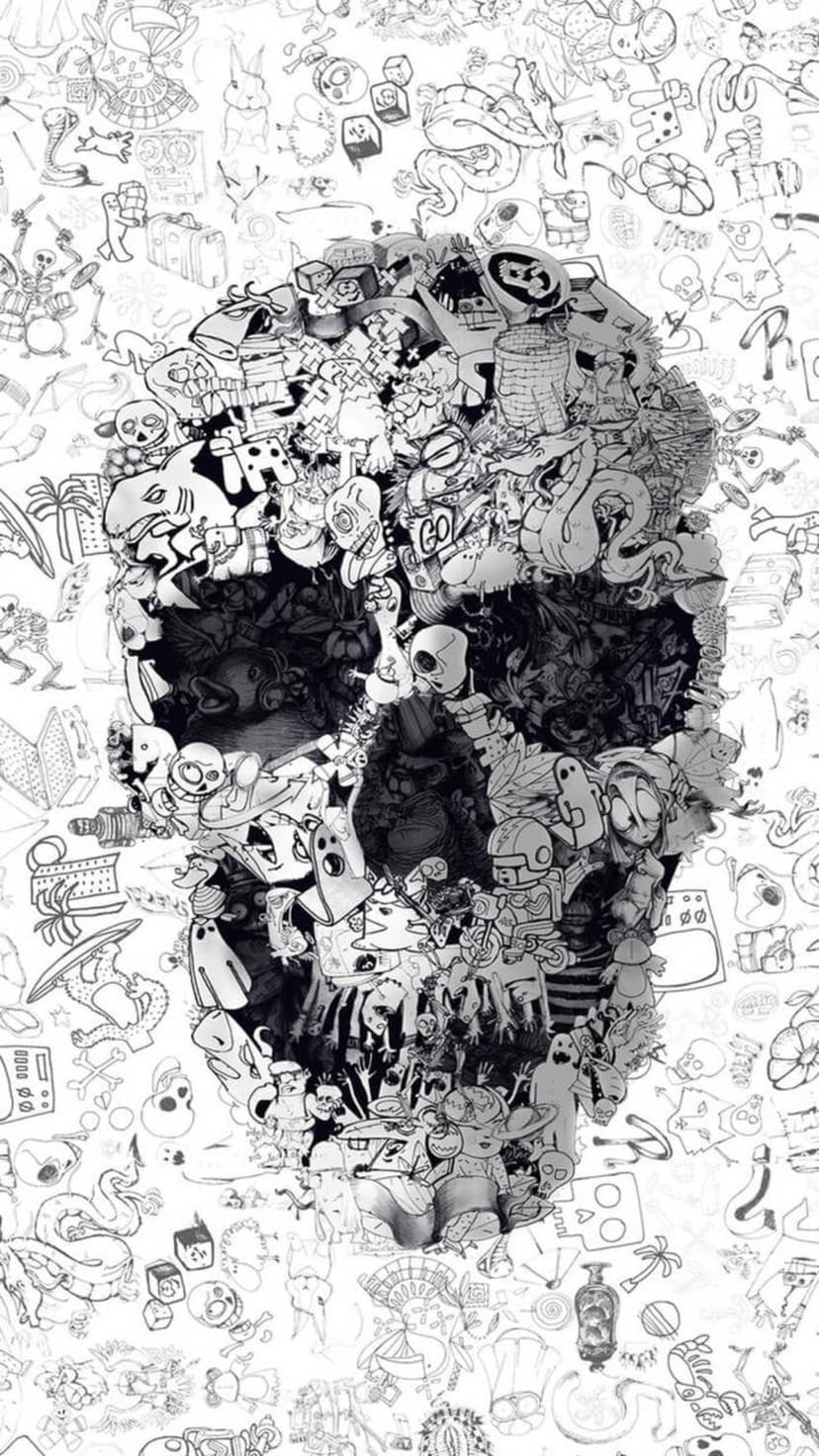 Skull silhouette formed by intricate black and white doodles and whimsical characters against a chaotic backdrop.