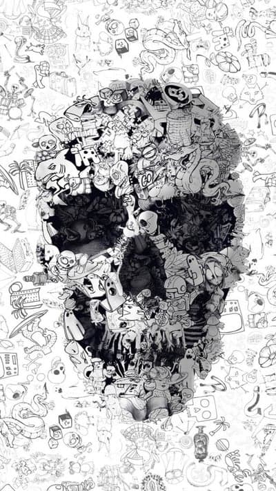 Collage Skull Art with Whimsical Doodle Elements