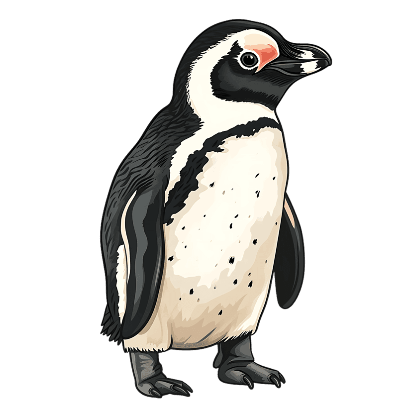 Penguin bird illustration featuring black and white plumage with a distinctive chest band and textured feathers.