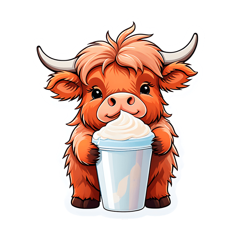Highland cow sticker character featuring orange fur holding a blue cup of whipped cream in a front view.