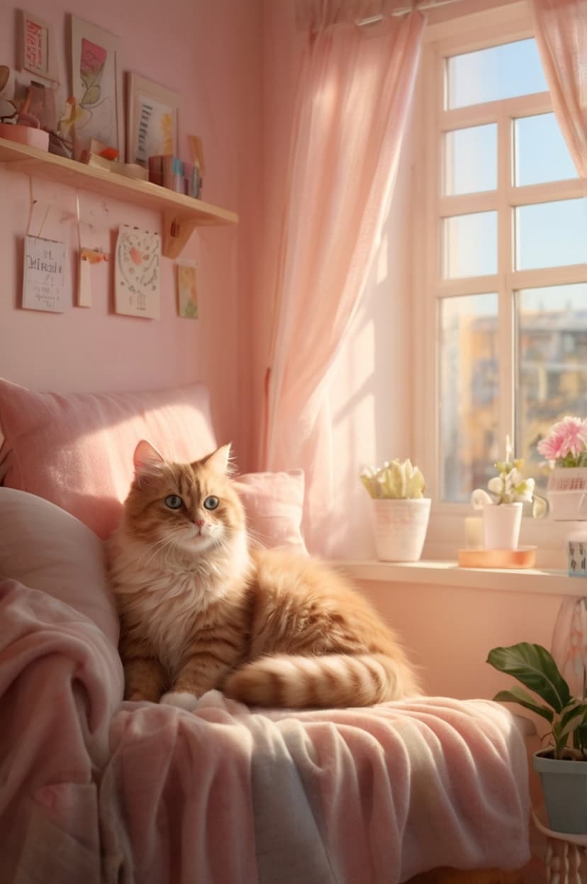 Orange tabby cat with blue eyes rests on a pink blanket by a sunlit window with potted plants and pastel walls.
