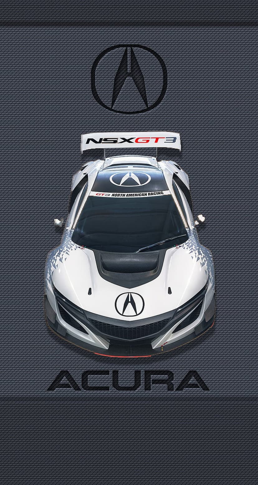 White Acura NSX GT3 race car seen from above on a dark textured background with visible logos on the hood and wing.