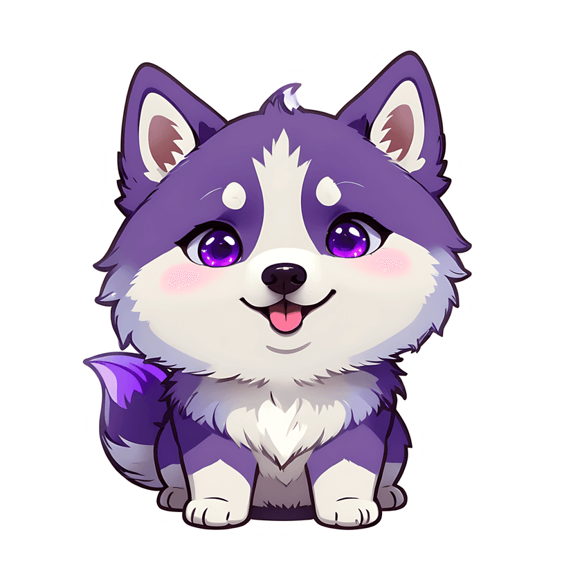 Purple husky puppy sticker with violet eyes and bicolor fur sits front-facing in a smiling chibi pose.