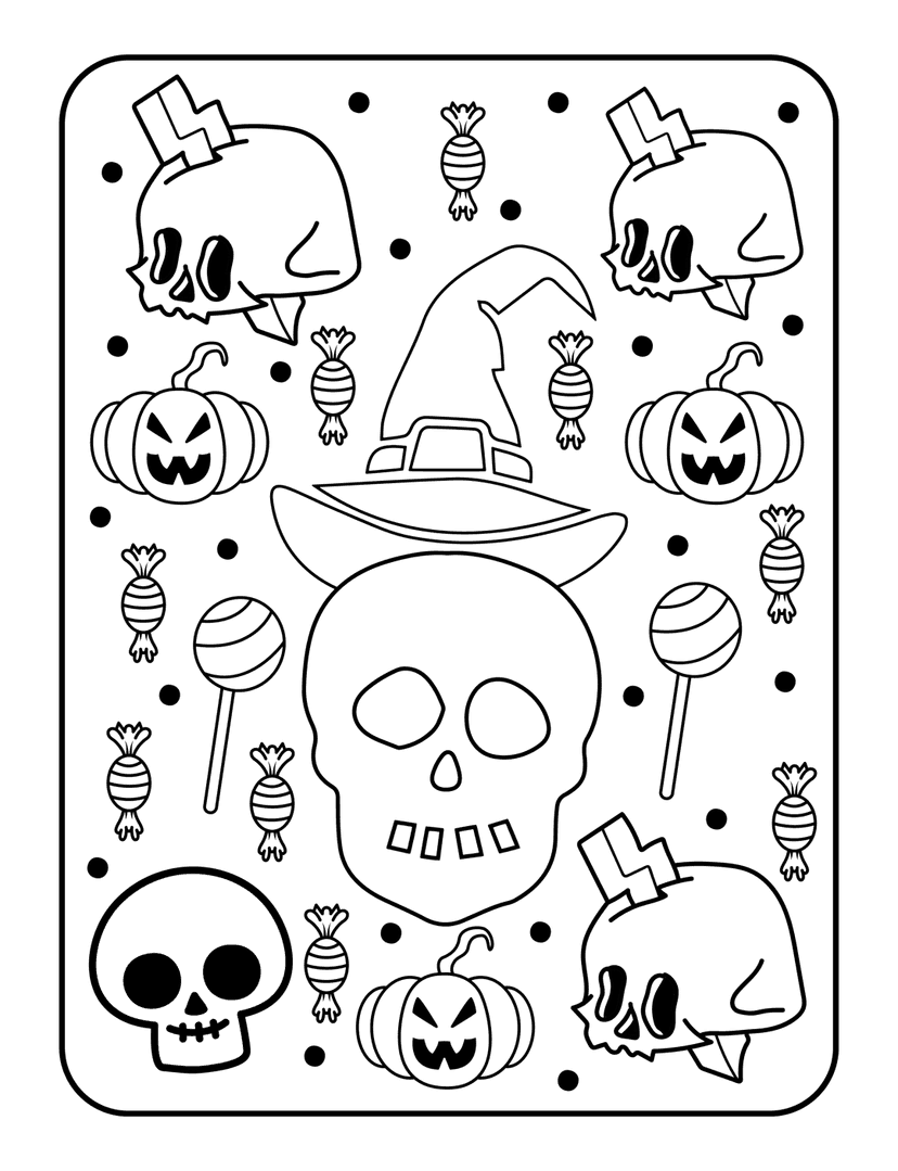 Halloween coloring page features black line art of pumpkins, skulls, candy, and stars on a white background.