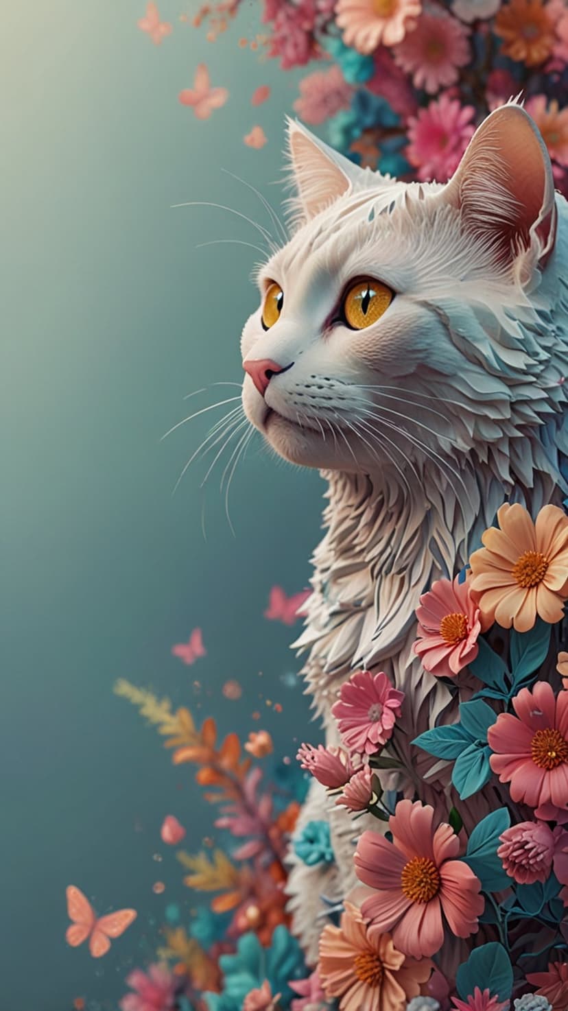 White cat with amber eyes peeking through vibrant spring petals and flying butterflies in a garden.