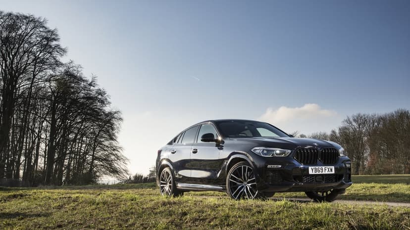 Dark BMW X6 parked in a grassy field under a clear blue sky with bare trees and bright sunlight reflections.