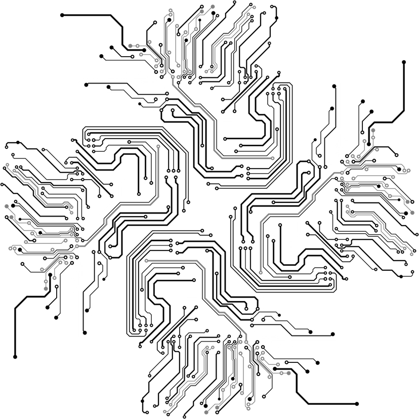 Geometric circuit lines in white and gray tones form a minimalist electronic motherboard pattern background.