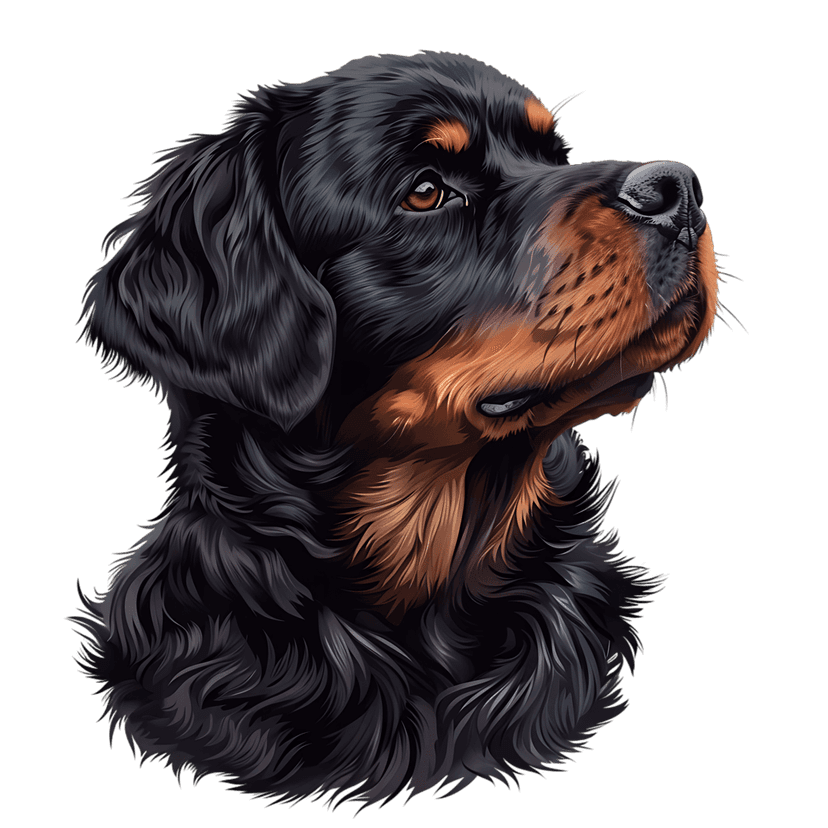Rottweiler dog portrait featuring realistic black and tan fur textures and brown eyes in a profile view pose.