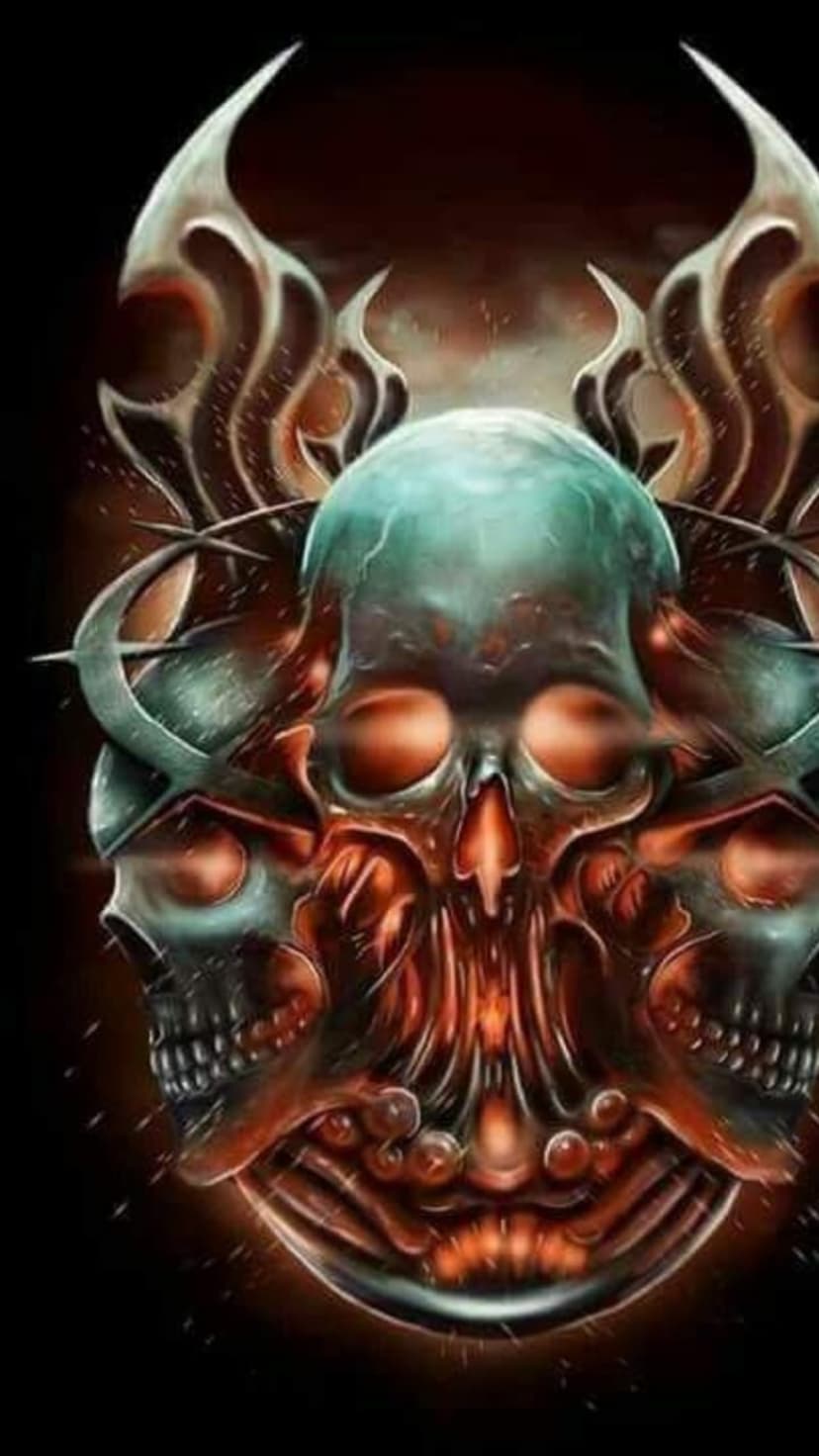 Three metallic skulls with glowing orange eyes and abstract bone structures set against a dark background.