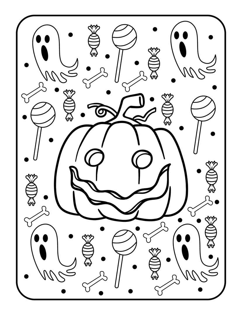 Halloween pumpkin coloring page features a carved jack-o'-lantern surrounded by ghosts, candies, and tombstones.