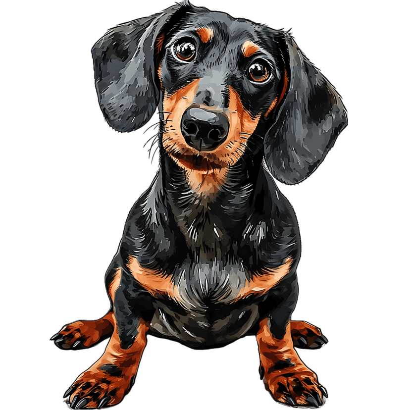Dachshund dog illustration with black and tan fur sitting in an upright pose against a solid dark background.