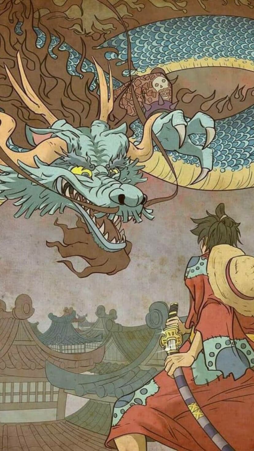 Luffy in a straw hat faces a fierce dragon amidst the ornate tile roofs of traditional Japanese buildings.