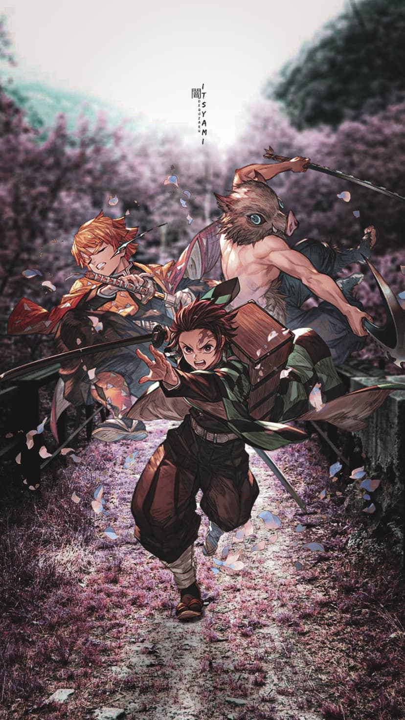 Tanjiro, Zenitsu, and Inosuke running forward on a path covered in pink cherry blossoms under a purple canopy.