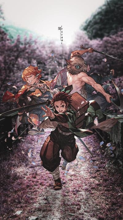 Demon Slayer Characters Running Through Cherry Blossoms