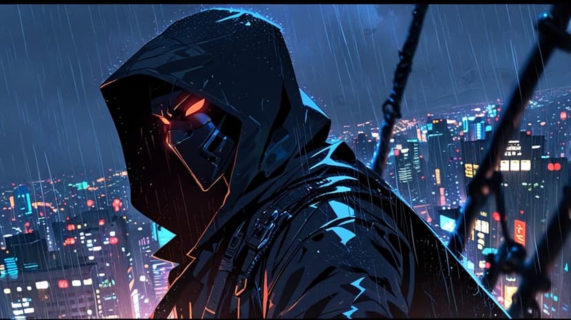 Hooded figure with glowing red eyes stands on a rainy rooftop overlooking a vertical neon cityscape at night.