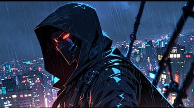 Hooded Cyberpunk Vigilante Rain City Mobile Wallpaper