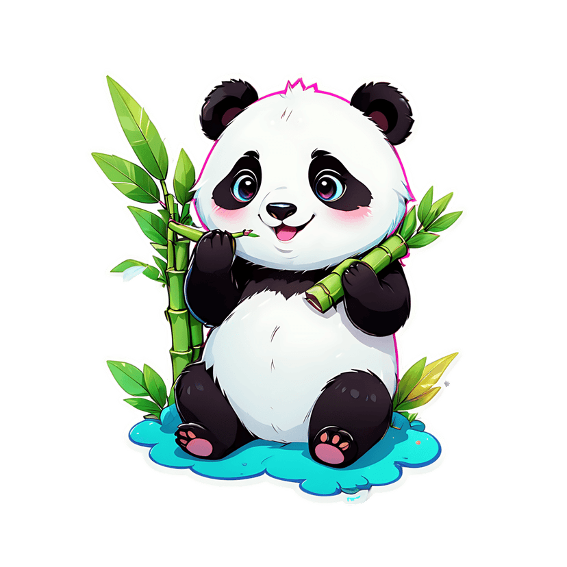 Panda bear sticker illustration holding green bamboo stalks on a blue cloud base with a white border outline.