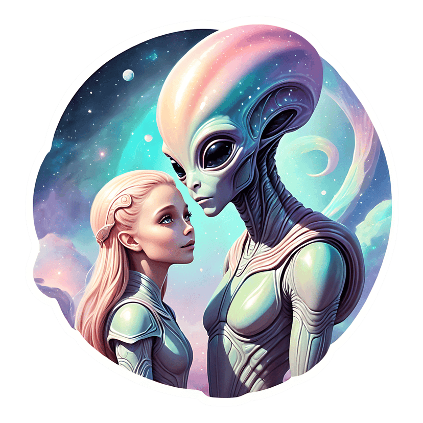 Extraterrestrial humanoid and girl wearing armored space suits gaze at each other against a pastel nebula.