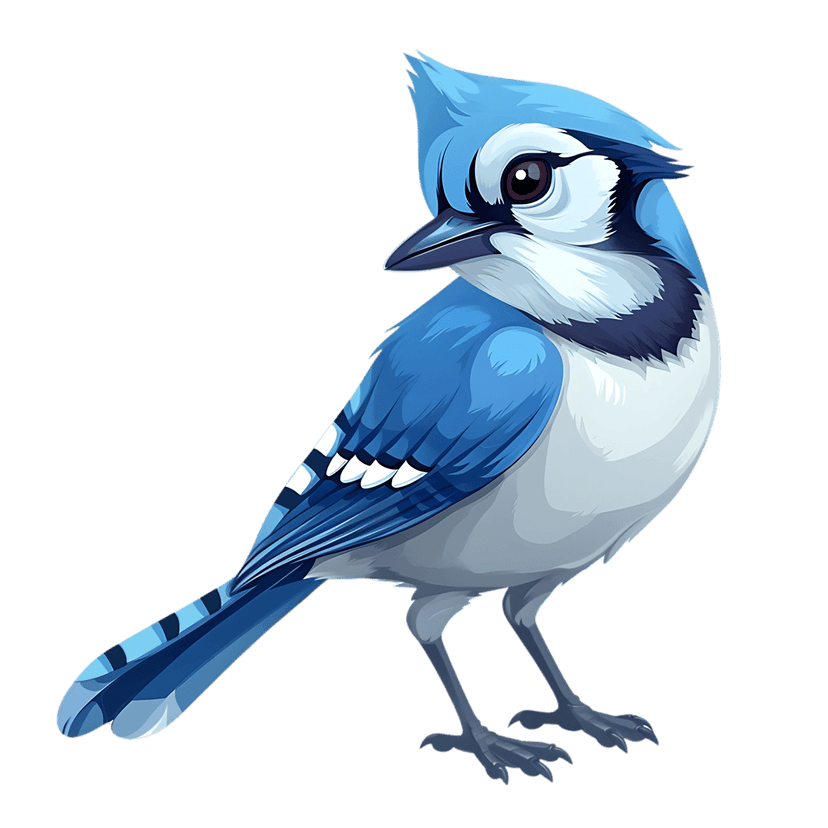 Blue jay illustration showing a crested bird with blue, white, and black feathers in a sharp profile view.
